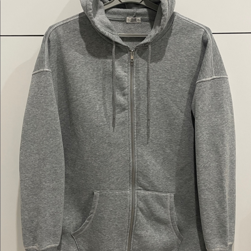 Fleece Full Zip Hoodie Grey Heather Drawstring Jacket Pockets M